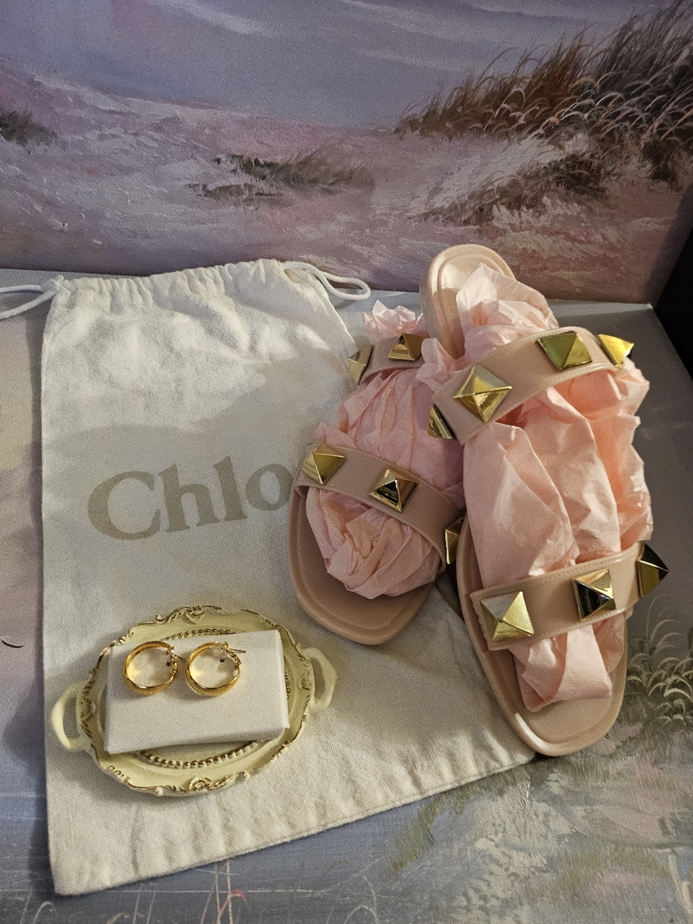 Studded Jelly Slide Sandals Auth Chloe Dustbag StorageGold Plate Hoop Earrings